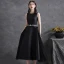Chic / Beautiful Black Satin Homecoming Graduation Dresses 2021 A-Line / Princess Scoop Neck Rhinestone Sash Sleeveless Backless Bow Tea-length Formal Dresses