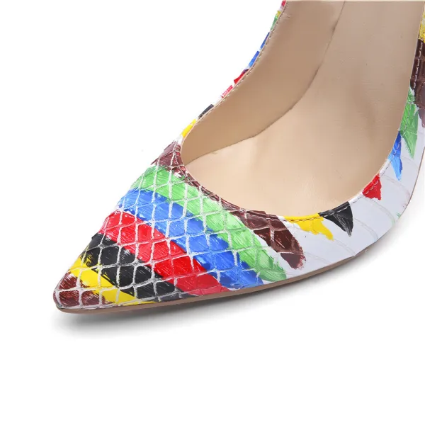 Mode Multifarben Strassenmode Gestreift Gekritzel Pumps 2020 12 cm Stilettos Spitzschuh Pumps