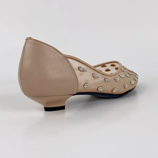Charming Beige Street Wear Leather Pumps 2020 Pierced Rhinestone 3 cm Stiletto Heels Pointed Toe Low Heel Pumps