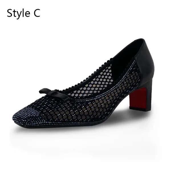 Fashion Black Casual Leather Pumps 2020 Rhinestone Bow 7 cm Thick Heels Square Toe Pumps
