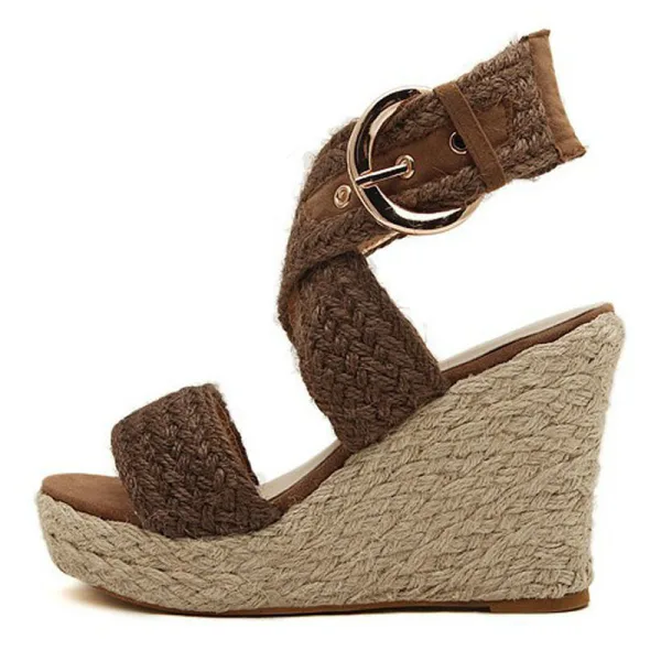 Roman Brown Street Wear Braid Womens Sandals 2020 Ankle Strap 10 cm Wedges Open / Peep Toe Sandals