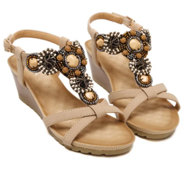 Beige Plage PU Tomber Printemps Été Perlage Compensées 6 cm Sandales 6 cm Peep Toes / Bout Ouvert Bohême 2020 Sandales Femme