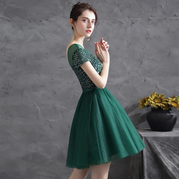 Chic / Beautiful Dark Green Party Dresses Cocktail Dresses 2021 A-Line / Princess Scoop Neck Sequins Sash Short Sleeve Backless Short Cocktail Party