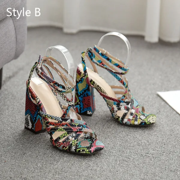 Sexy Roman Red Street Wear Snakeskin Print Womens Sandals 2020 Ankle Strap X-Strap 11 cm Thick Heels Open / Peep Toe Sandals