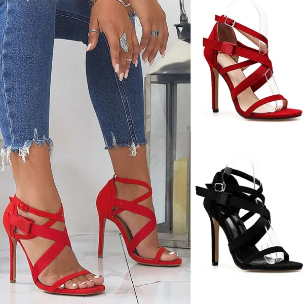 Modest / Simple Red Street Wear Womens Shoes 2020 X-Strap 11 cm Stiletto Heels Open / Peep Toe Sandals