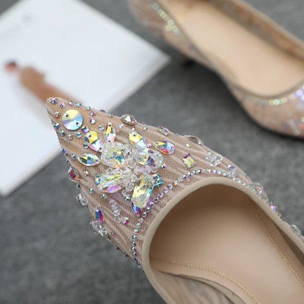Charmant Beige Abend Spitze Pumps 2020 Strass 7 cm Stilettos Spitzschuh Pumps