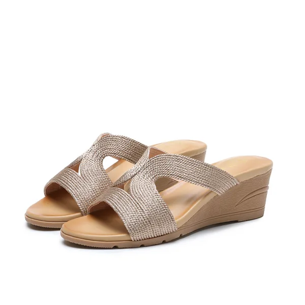 Cyganeria Czarne Przypadkowy Warkocz Sandały Damskie 2020 5 cm Na Koturnie Peep Toe Sandały