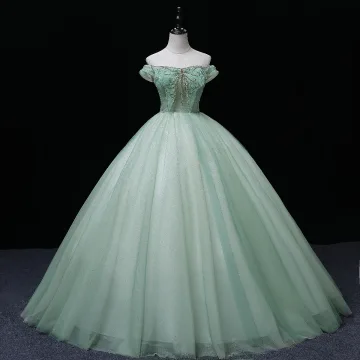 Élégant Vert Cendré Paillettes Robe De Bal 2022 Robe Boule De L Épaule Sans Manches Faux Diamant Papillon Perlage Dos Nu Perle Longue Robe De Ceremonie