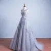 Elegant Grey Prom Dresses 2017 Appliques Lace Sleeveless Backless Sash Ruffle Tulle Formal Dresses