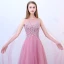 Schöne Rosa Ballkleider 2018 A Linie Eckiger Ausschnitt Ärmellos Pailletten Perlenstickerei Watteau-falte Rüschen Rückenfreies Festliche Kleider