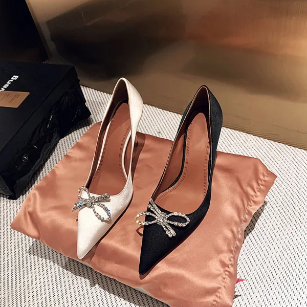 Chic / Beautiful Black Evening Party Rhinestone Bow Pumps 2021 Leather 8 cm Stiletto Heels Pointed Toe Pumps High Heels