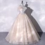 Elegant Champagne Prom Dresses 2022 Ball Gown Off-The-Shoulder Pearl Lace Flower Short Sleeve Floor-Length / Long Formal Dresses
