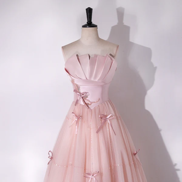Lovely Blushing Pink Bow Beading Prom Dresses 2024 A-Line / Princess Strapless Sleeveless Backless Floor-Length / Long Prom Formal Dresses