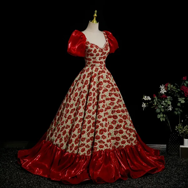 Fancy Burgundy Rhinestone Floral Prom Dresses 2025 Ball Gown Square Neckline Satin Short Sleeve Backless Floor-Length / Long Formal Dresses