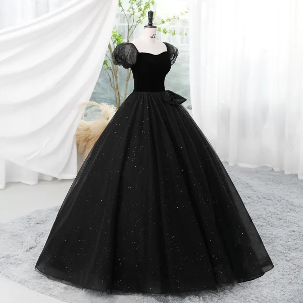 Élégant Noire Paillettes Robe De Bal 2023 Robe Boule Encolure Carrée Manches Courtes Dos Nu Longue Promo Robe De Ceremonie