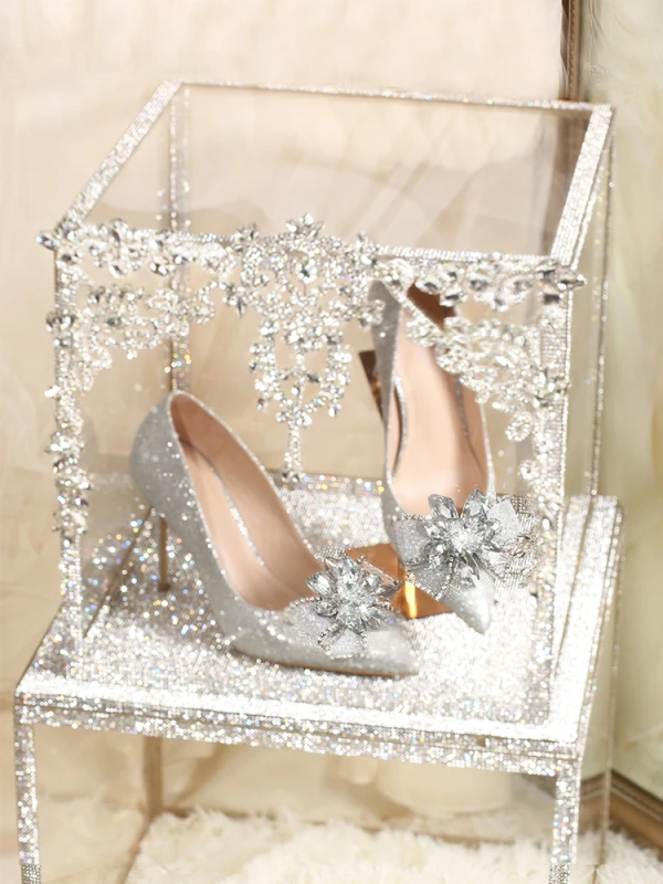 Charmig Silver Kristall Brudskor 2020 Rhinestone 10 cm Stilettklackar Spetsiga Bröllop Pumps
