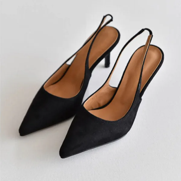 Simple Noire Bureau OL Slingbacks Sandales Femme 2020 Daim 8 cm Talons Aiguilles À Bout Pointu Sandales