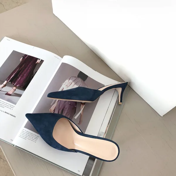 Modest / Simple Navy Blue Street Wear Suede Womens Sandals 2020 8 cm Stiletto Heels Pointed Toe Sandals