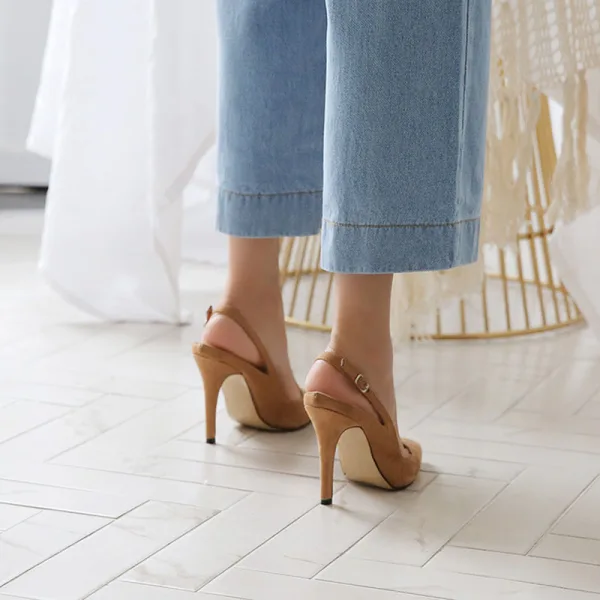 Simple Orange Désinvolte Été Slingbacks Sandales Femme 2020 Daim 10 cm Talons Aiguilles À Bout Pointu Sandales