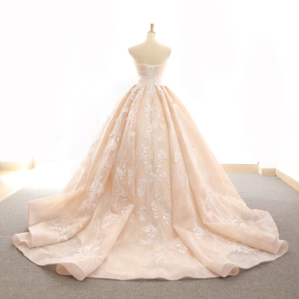 Elegant Champagne Wedding Dresses 2018 Ball Gown Lace Appliques Shoulders Backless Sleeveless Chapel Train Wedding