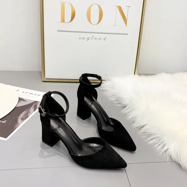 Sexy Brown Summer Street Wear Womens Sandals 2020 Suede Ankle Strap 8 cm Thick Heels Pointed Toe Sandals