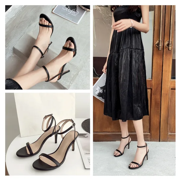 Sexy Black Summer Street Wear Womens Sandals 2020 Ankle Strap 9 cm Stiletto Heels Open / Peep Toe Sandals
