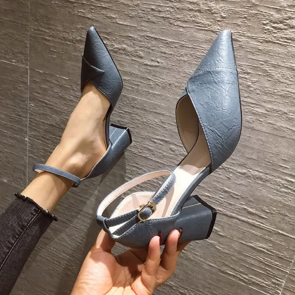 Schöne Beige Freizeit Sommer Sandalen Damen 2020 Knöchelriemen 6 cm Thick Heels Spitzschuh Sandaletten