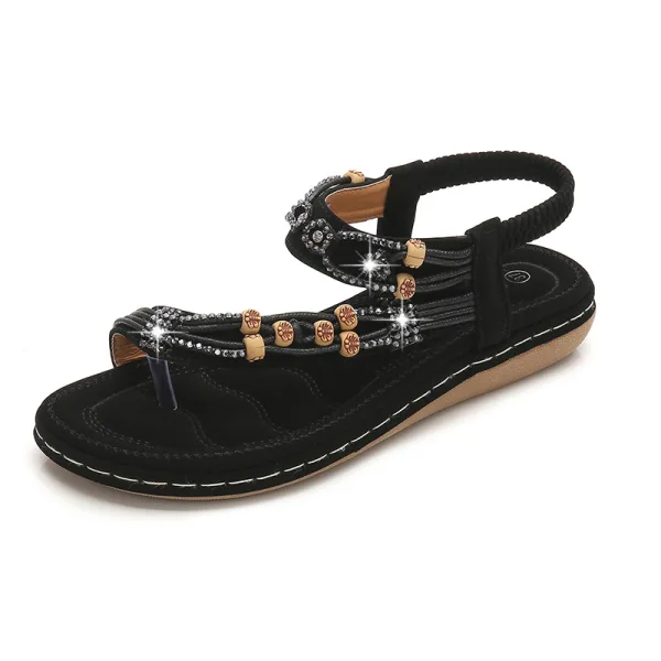 Cyganeria Granatowe Plaża Pantofle & Klapki 2020 Rhinestone Z Paskiem Peep Toe Płaskie Buty Damskie