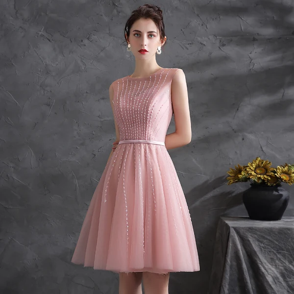 Chic / Beautiful Blushing Pink Sequins Cocktail Dresses Party Dresses 2021 A-Line / Princess Scoop Neck Sleeveless Sash Knee-Length Cocktail Party Formal Dresses