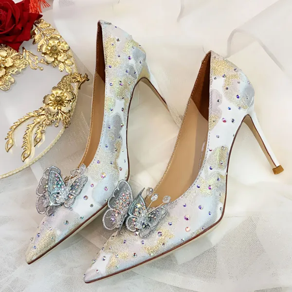 Charmant Ivory / Creme Schmetterling Brautschuhe 2020 Leder Strass 8 cm Stilettos Spitzschuh Hochzeit Pumps