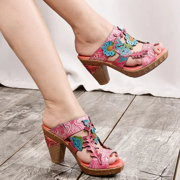 Chic / Beautiful Candy Pink Outdoor / Garden Leather Flower Womens Sandals 2020 8 cm Thick Heels Open / Peep Toe Sandals
