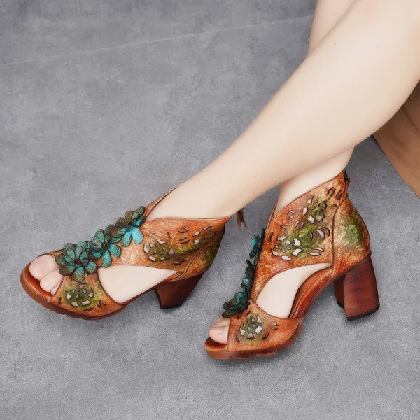Traditional Brown Street Wear Womens Sandals 2020 Leather Flower 6 cm Thick Heels Open / Peep Toe Sandals