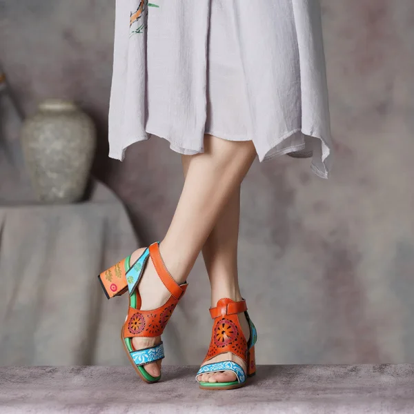 Traditionnel Orange Vêtement de rue Cuir Sandales Femme 2020 5 cm Talons Épais Peep Toes / Bout Ouvert Sandales