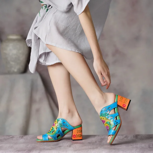 Traditionnel Bleu Vêtement de rue Sandales Femme 2020 Cuir 5 cm Talons Aiguilles Peep Toes / Bout Ouvert Sandales