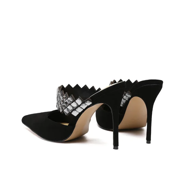 Fashion Summer Black Casual Suede Womens Sandals 2020 Leather Rhinestone 10 cm Stiletto Heels Pointed Toe Sandals