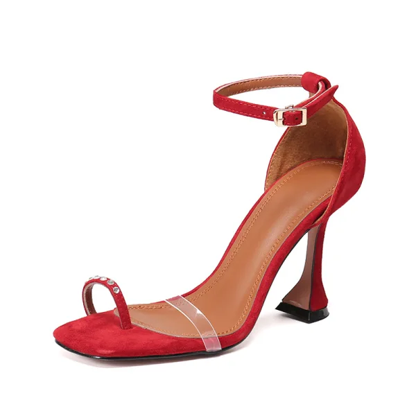 Enkla Röd Casual Mocka Sandaler Dam 2020 Läder Ankelband 10 cm Stilettklackar Peep Toe Sandaler