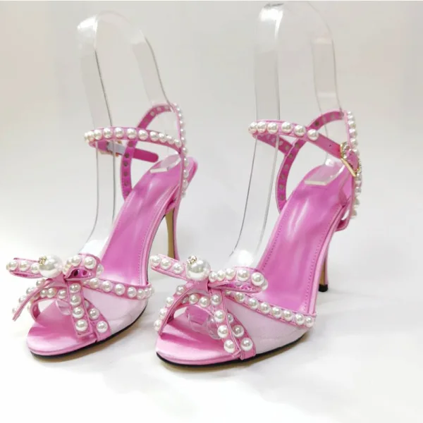 Charming Summer Black Street Wear Leather Womens Sandals 2020 Pearl Bow 10 cm Stiletto Heels Open / Peep Toe Sandals