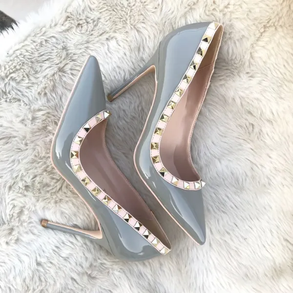 Schöne Schwarz Abend Pumps 2020 Niet Lackleder 10 cm Stilettos Spitzschuh Pumps
