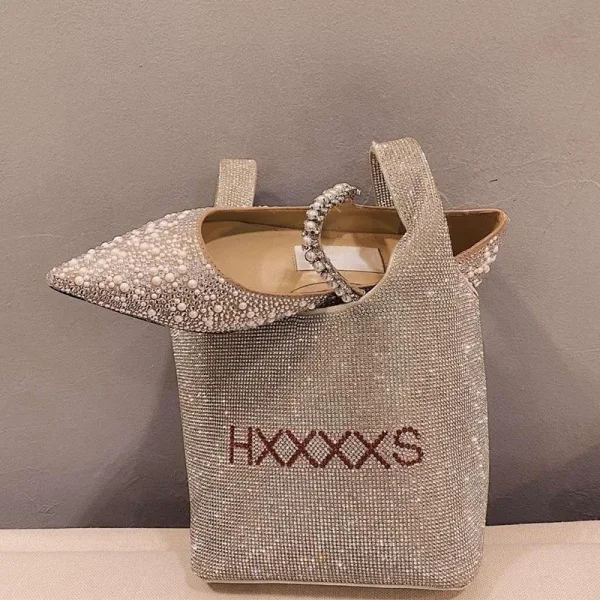 Charmant Champagne Argenté Perle Plate Chaussure De Mariée 2020 Faux Diamant À Bout Pointu Mariage