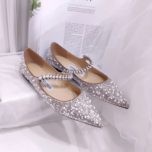 Uroczy Szampan Srebrny Płaskie Perła Buty Ślubne 2020 Rhinestone Szpiczaste Ślub