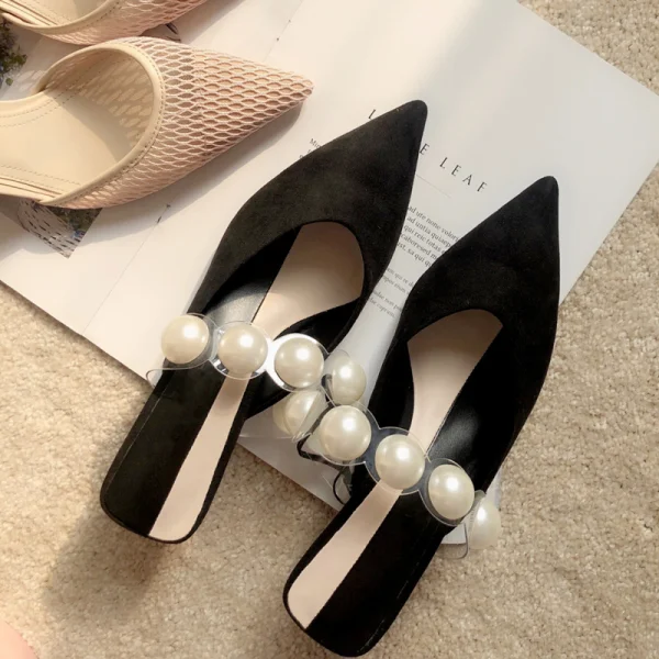 Chic / Beautiful Black Pearl Dating Womens Sandals 2020 Suede 6 cm Stiletto Heels Pointed Toe Sandals