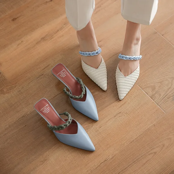 Chic / Beautiful Beige Street Wear Braid Womens Sandals 2020 Leather 5 cm Stiletto Heels Pointed Toe Sandals