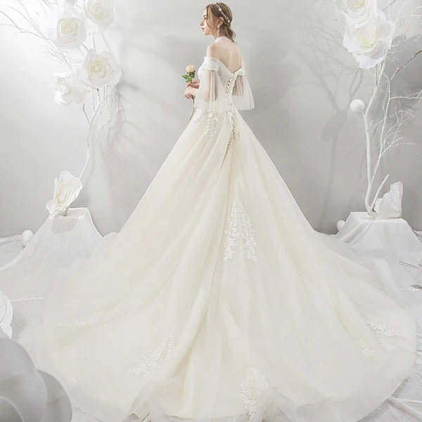 Elegant Champagne Wedding Dresses 2018 Ball Gown Lace Appliques Beading Pearl Off-The-Shoulder Backless Short Sleeve Cathedral Train Wedding