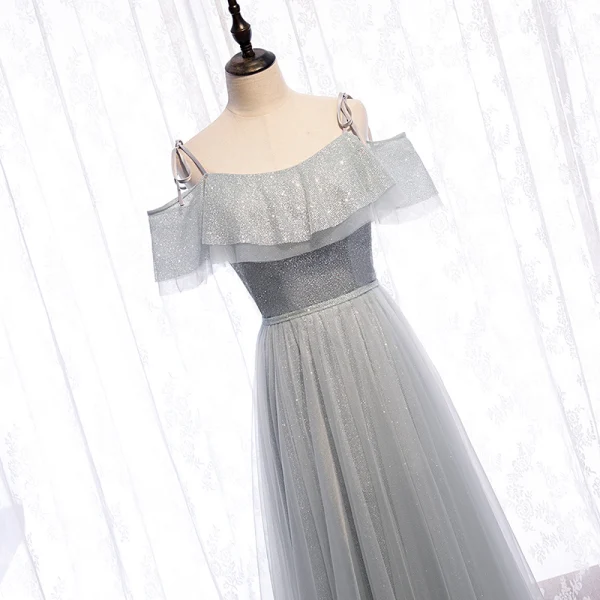 Scintillantes Argenté Gris Robe De Soirée 2020 Princesse Bretelles Spaghetti Paillettes Manches Courtes Dos Nu Longue Robe De Ceremonie
