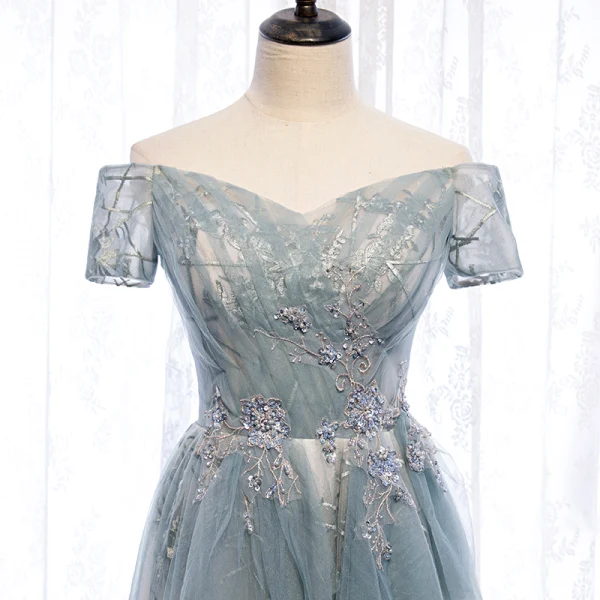 Charmant Himmelblau Abendkleider 2020 A Linie Perlenstickerei Perle Pailletten Spitze Blumen Off Shoulder Rückenfreies Lange Festliche Kleider