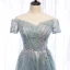 Charmant Himmelblau Abendkleider 2020 A Linie Perlenstickerei Perle Pailletten Spitze Blumen Off Shoulder Rückenfreies Lange Festliche Kleider