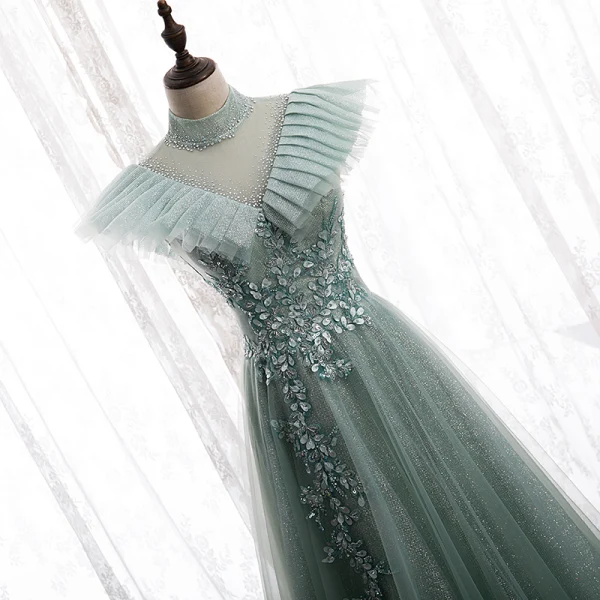 Vintage / Retro Sage Green Prom Dresses A-Line / Princess 2020 Scoop Neck Beading Rhinestone Sequins Sleeveless Backless Floor-Length / Long Formal Dresses