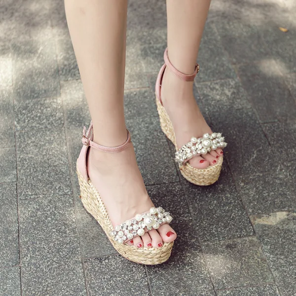 Fashion Blushing Pink Street Wear Summer Braid Womens Sandals 2020 Pearl Ankle Strap Rhinestone 10 cm Wedges Open / Peep Toe Sandals
