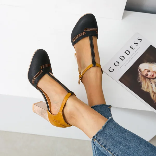 Schlicht Schwarz Strassenmode Sandalen Damen 2020 T-Riemen 8 cm Thick Heels Runde Zeh Sandaletten