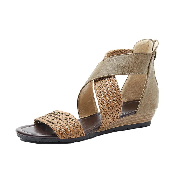 Bohemliv Sommar Röd Stranden Fläta Sandaler Dam 2020 4 cm Låg Klack Peep Toe Sandaler